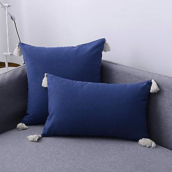 Landelig bomulls- og linputetrekk med frynser - Dekorative lumbarputetrekk for sofa, soverom, bil (navy 04, 12\"x20\")