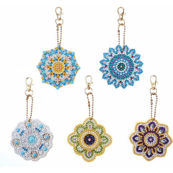 5 Pieces 5D DIY Mandala Diamond Painting Keychains, Double-S