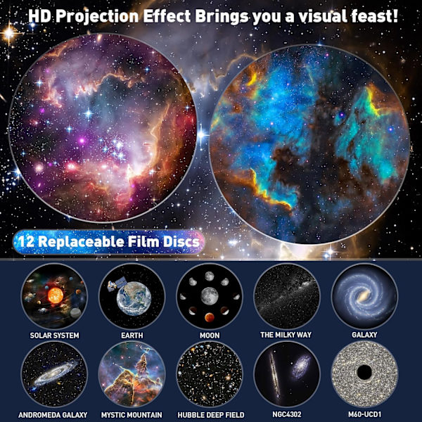 Planetarium Star Projector, Galaxy Projector, Realistisk Stjärnhimmel Nattljus med 12 Filmdiskar, Solsystem Konstellation Måne för Barnrum Vardagsrum