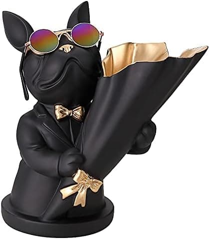 Fransk Bulldogg Statue med Rustfritt Stål Brett, Borddekorasjon