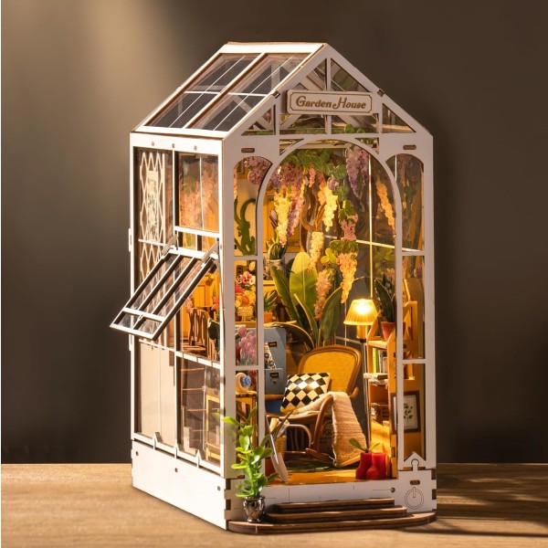 Dockhus i trä, DIY-miniatyr, pusselhusmodell med LED-lampor, hus, bokhylla, Hol