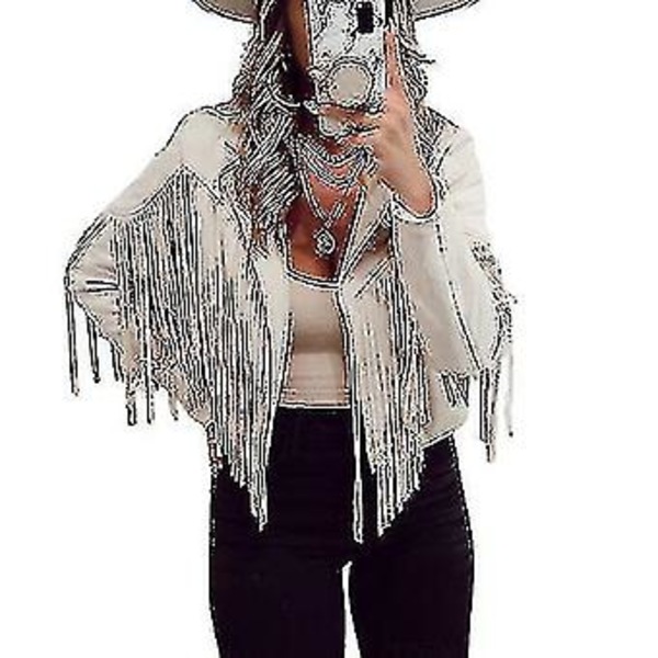 Damejakke i ensfarget frynser (XL beige)