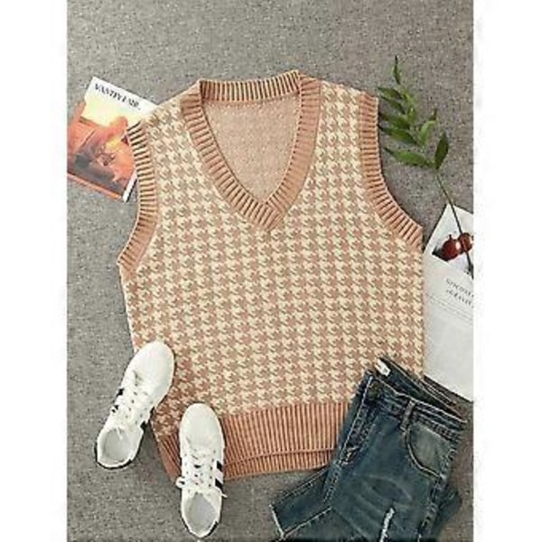 Dam Houndstooth-mönstrad Stickad Tröjväst Ärmlös Lös V-ringad 90-tals Väst Pullover Stickad Topp