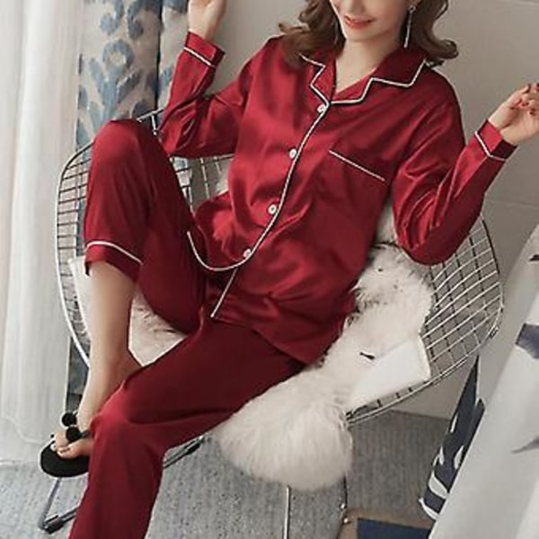 Dam Satin Silk Look Pyjamas Långärmad Nattkläder Set (L Röd)
