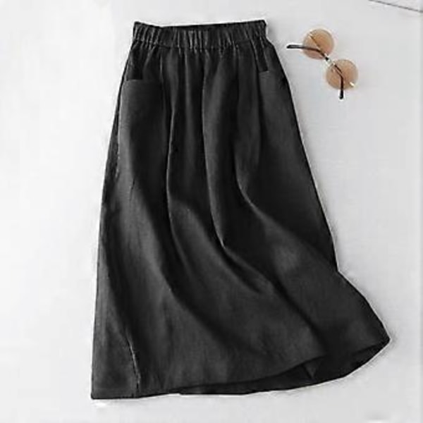 ZANZEA Dame Ensfarvet Elastisk Talje Casual Bomuld Lange Nederdele (2XL sort)