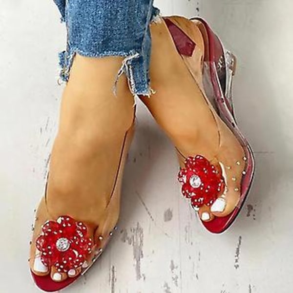 Transparenta sandaler med blomsterdesign och nitar, genomskinliga kilklackssandaler med strass, lediga damskor (35 Röd)