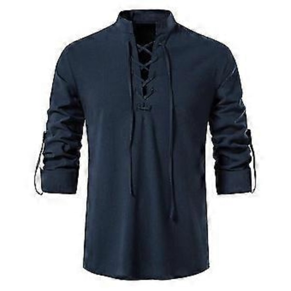 Miesten retrotyyliset pitkähihaiset paidat, renessanssi, viikinki, merirosvo, hippipusero -NMAOV (S Navy Blue)