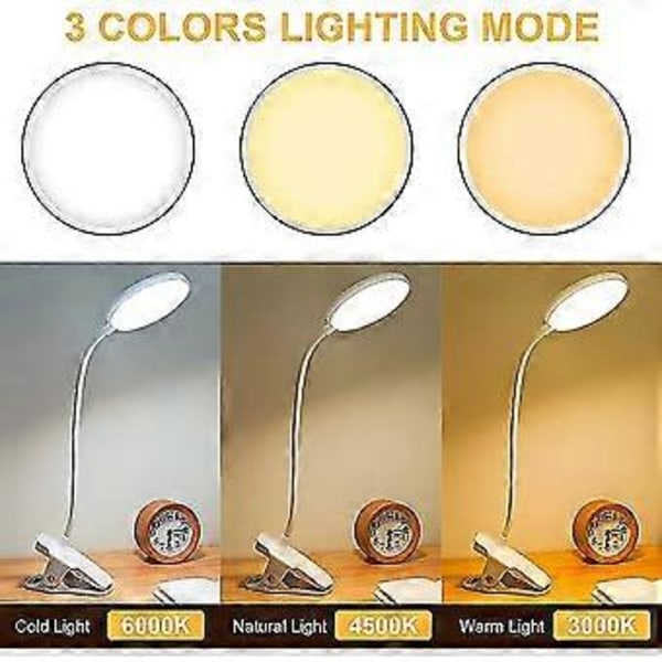 Uppladdningsbar Trådlös LED Skrivbordslampa, 3 Färger och 3 Dimningslägen, USB Touch Sänglampa med Klämma för Barn, 20 LEDs Flexibel 360 Portabel Clip-on Läslampa