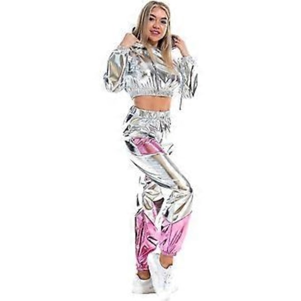 Dame Rave Outfit Skinnende Crop Top Hættetrøje Metallisk Afslappede Lange Bukser Hætte Workout Sweatshirt Disco Danse Clubwear (XX-Large Sølv)
