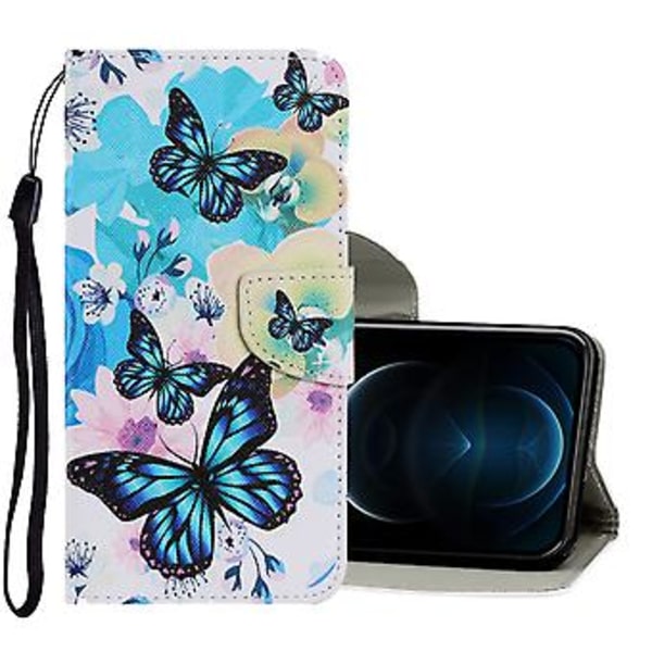 Färgad teckningsläderfodral för iPhone 12 Pro Max (Lila Fjäril)