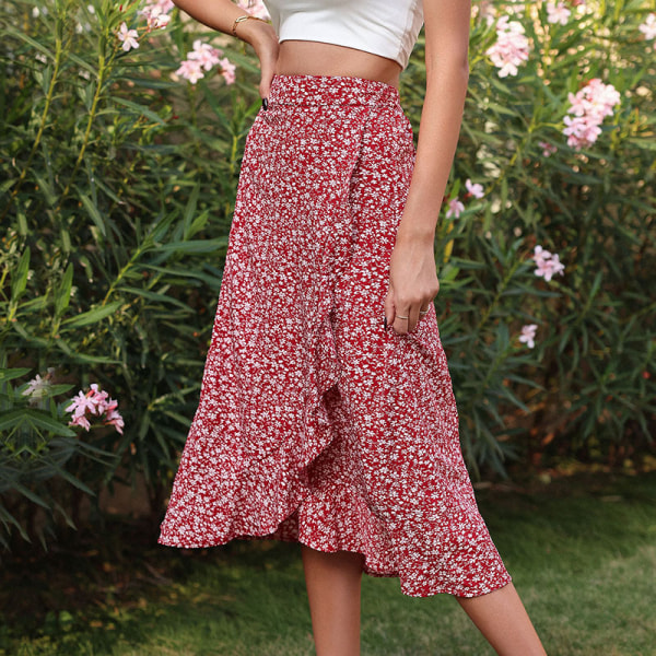 Kvinners Boho Floral Knot Høy Midje Wrap Slit Midi Kjole rød l