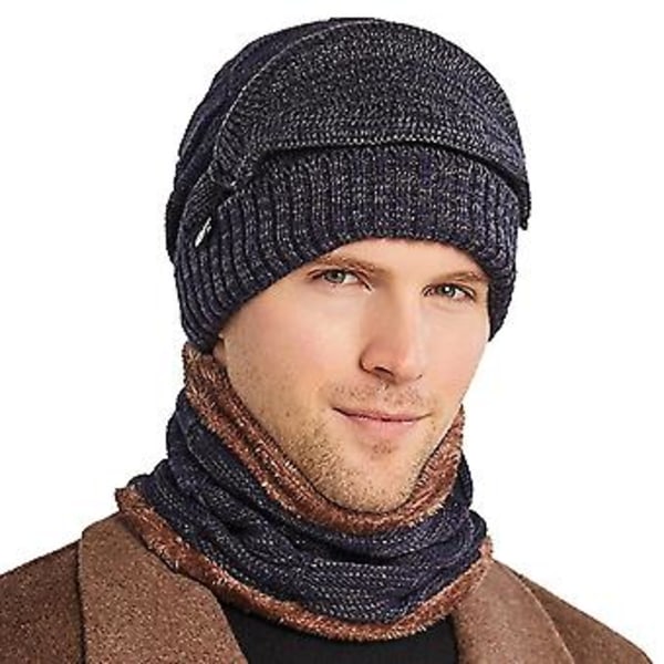 Hettelue, halsvarmer og ansiktsdekke i strikket fleece for menn - Vintervarm skihjelm (Marineblå)