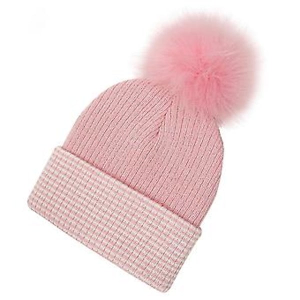Vinterlue Varmt Strikket Lue for Småbarn, Gutter og Jenter, med Hårete Striper (M rosa og hvite striper)