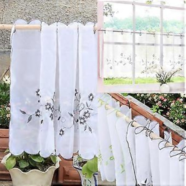 Kappe med broderi, vindusgardin i voile for kafé og kjøkken, 3 farger og 6 størrelser tilgjengelig (Hvit 60x140cm)