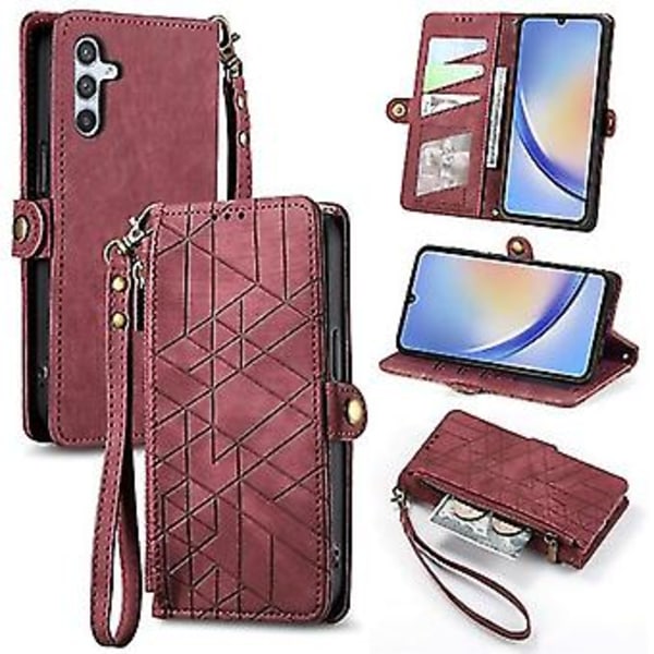 Geometriskt blixtlåsfodral med sidospänne i läder för Samsung Galaxy A34 5g (rosa) (röd)