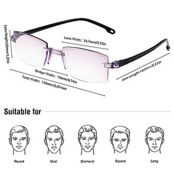 4-pack rektangulära, ramlösa blåljusblockerande läsglasögon för män, unisex