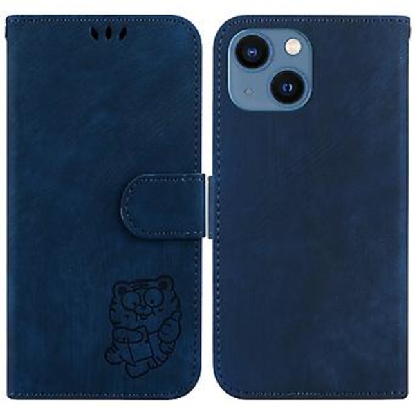 Präglad Läderfodral för iPhone 14 (Mörkblå)