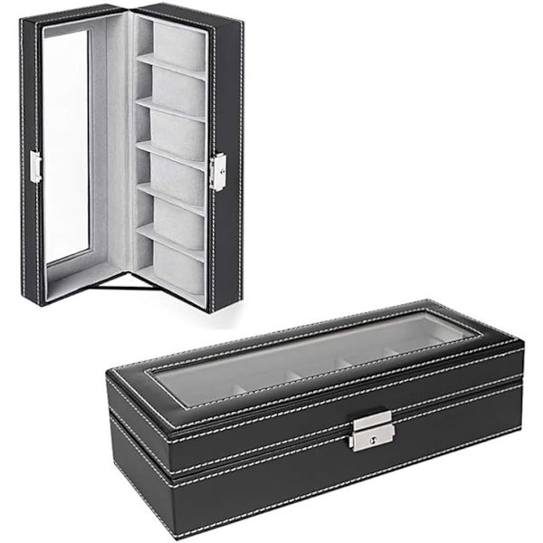 6 Fack Läder Klocklåda Display Box Organizer Glas Smycken Förvaring