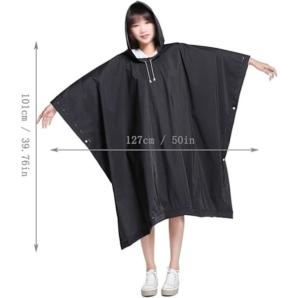 1 st svart regnponcho, vattentät regnponcho, återanvändbar regnkappa