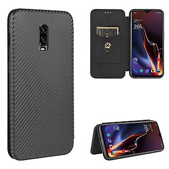 Til OnePlus 6T Kulfiber Læderetui (Sort)
