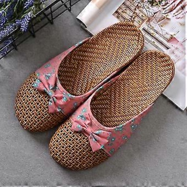 Sommer Hør Tøfler Sandaler Indendørs Anti-slip Tyk Bund Gulvtøfler Til Mænd Kvinder (EU 39 40 Rose (Kvinder))