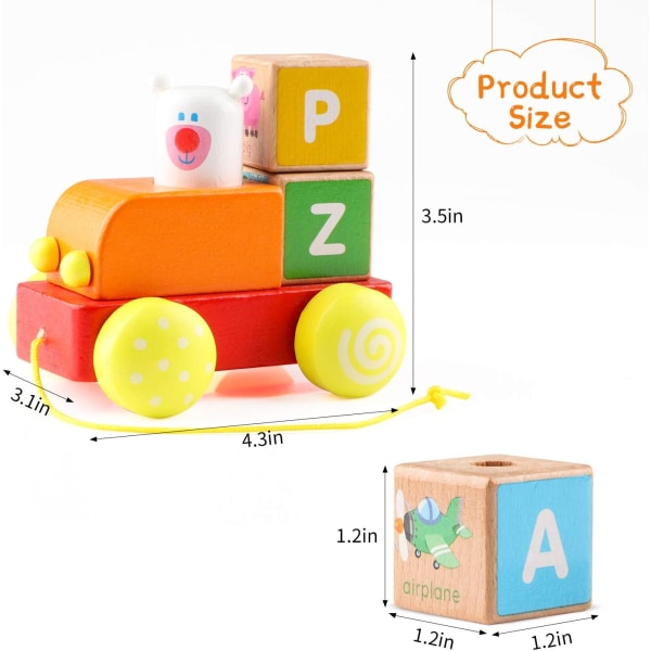 Träblocksleksaksbil med pedagogiska bokstäver och illustrerade kuber Förskoleleksak för småbarn