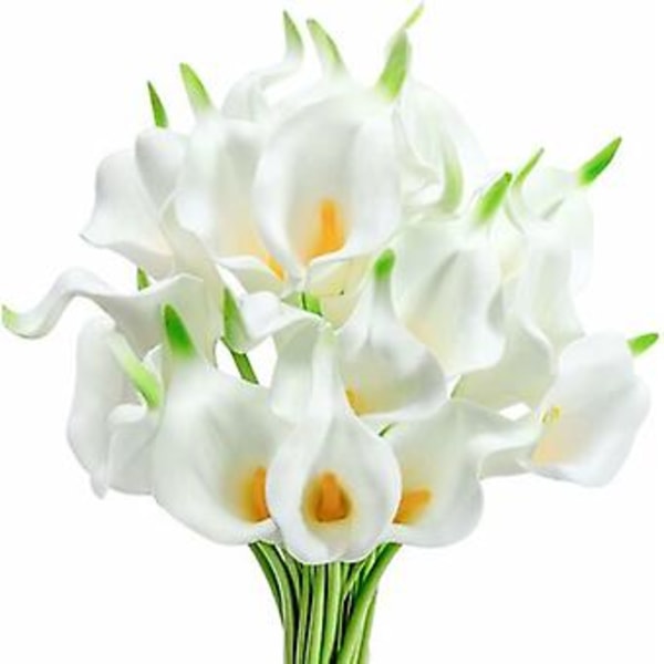 20 kunstige latex calla liljer, realistiske at røre ved - til brudebuketter og til at dekorere hjem, hoteller og haver., Stof, Hvid med gul