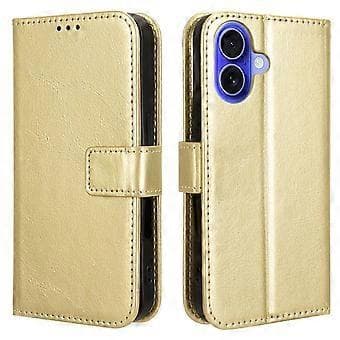 Kompatibelt Skal för iPhone 16 Plus Crazy Horse Textur PU Läder Plånboksfodral (Guld)