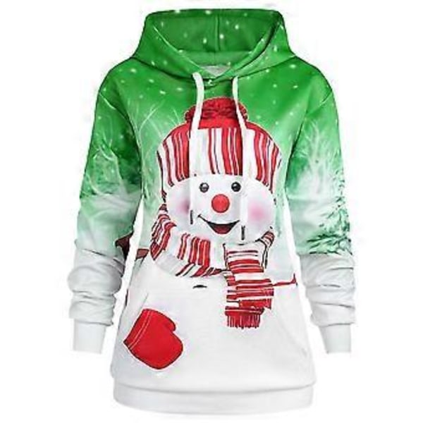 Dame Jul Snemand Print Langærmet Hætte Casual Sweatshirt Pullover Top -NMAOV(XL Grøn)