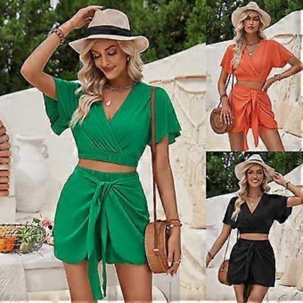 2-delt sæt til kvinder, afslappet sommer loungesæt med korte ærmer og elastiske taljeshorts, strandfestsæt (L Orange)