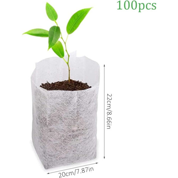 100 stk. 20x22 cm Biologisk nedbrydelige ikke-vævede planteposer Plantepose til frøplanter Planteskolepose til frø