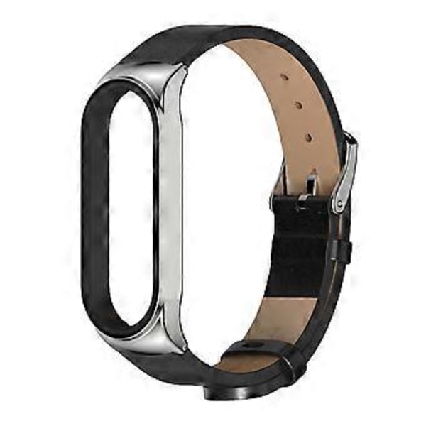 Xiaomi Mi Band 6 / 5 / 4 / 3:lle Nahkainen Ranneke (Musta  Hopea)