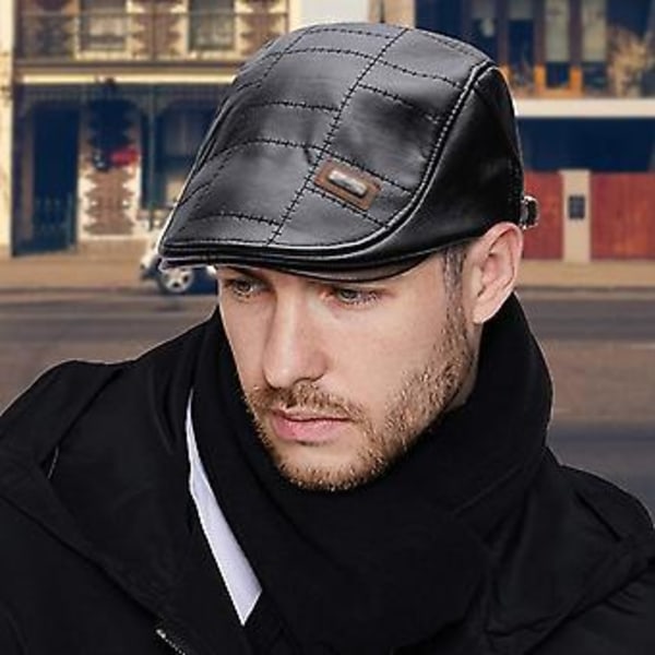 Läderkeps för män, fiskekeps, justerbar PU-keps, tidningspojkkeps (Khaki)