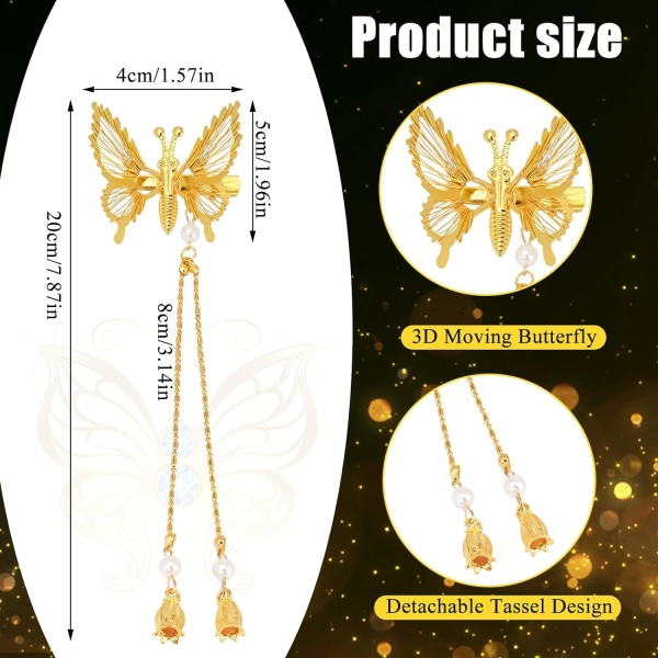 6 Pcs Gold Butterfly Clips, 3D Butterfly Hair Clip with Tassels, Butterfly Hair Accessories for Wome