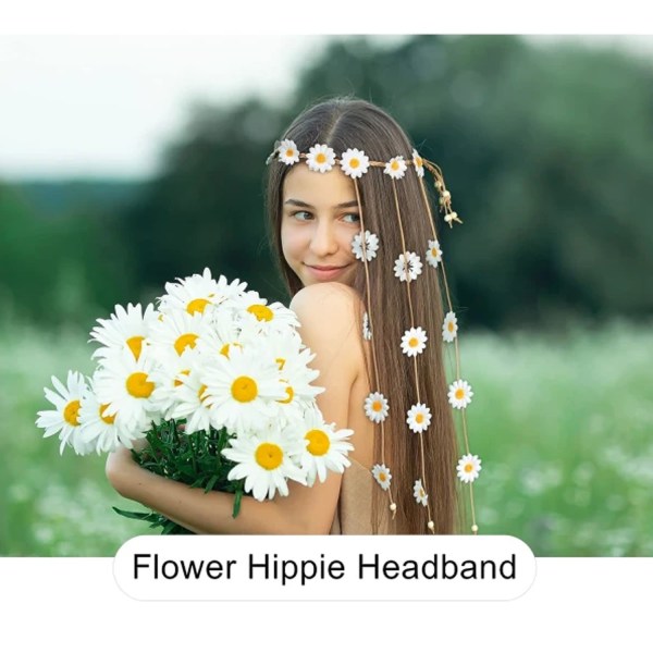 （Light Yellow）Flower Hippie Headband Flowers Crown Sunflowers Beads Adjust Flower Headwear Hair Acce