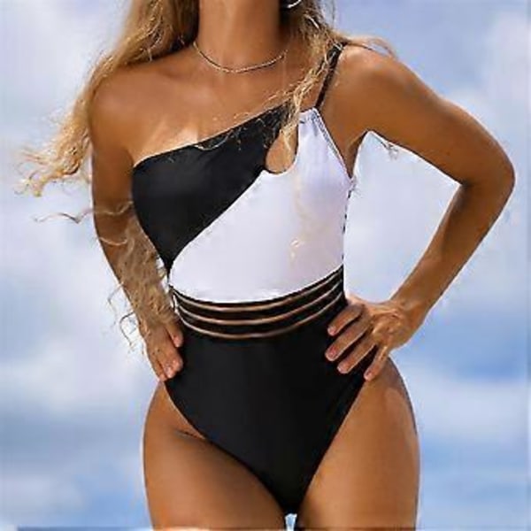 Dam Baddräkt En Axel En Del Färgblock Asymmetrisk Kontrast Sexig Högt Skuren Baddräkt Badkläder Bikini Strandkläder -NMAOV( M)
