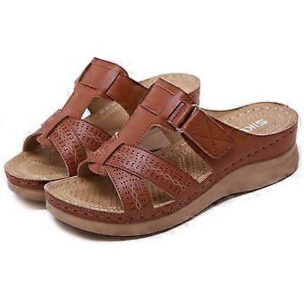 Tyksålede syede sandaler til kvinder i store størrelser, sommer kile slippers (EU 43 Brun)