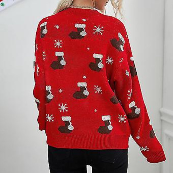 Julkläder för kvinnor, jultröja med strumpor och hattmönster, varm stickad tröja ( )