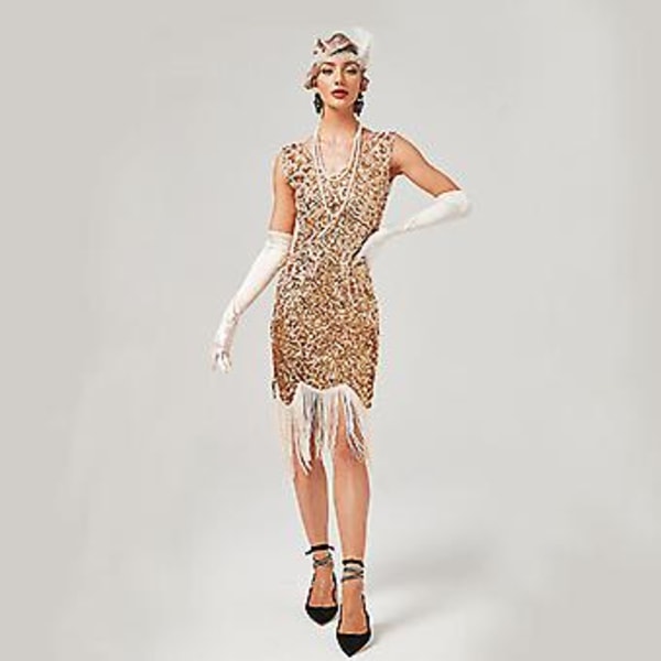 1920-tals Flapper Klänning V-ringad Paljettprydd Pärlbroderad Klänning Ryta 20-tals Gatsby Frans Klänning för Fest (S Svart-Guld)
