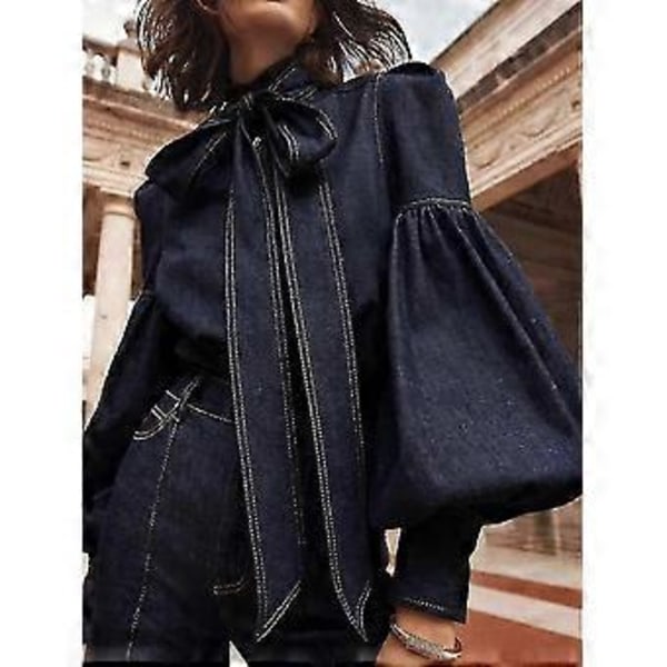 Modeimitation Denim Puffärmar Rosett Blusar Kvinnor Vår Höst Hög Hals (S)
