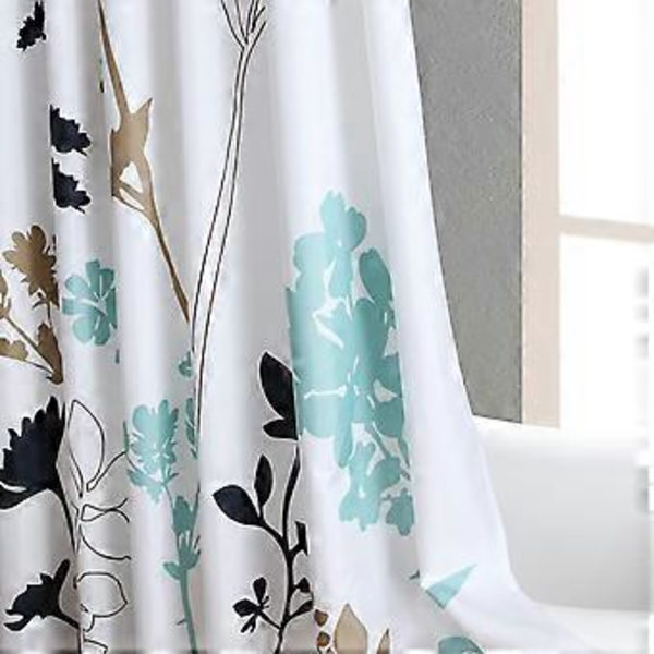 Duschdraperi i tyg med blommönster, Långt blått och vitt duschdraperi, Teal och brunt växt duschdraperi för badrum - 72\" B x 72\" H