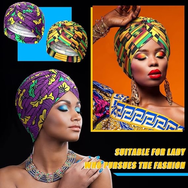 4 Multifarvede Afrikanske Turban Huer Foldet Turban Hovedbeklædning (Elegant Stil)