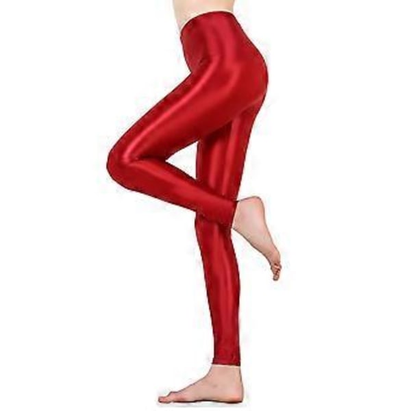 Naisten kiiltävät metallinhohtoiset joustavat leggingsit, ihonmyötäiset housut, kuntosali, jooga, tanssi, juoksu, pyöräily, urheilu (L viininpunainen)
