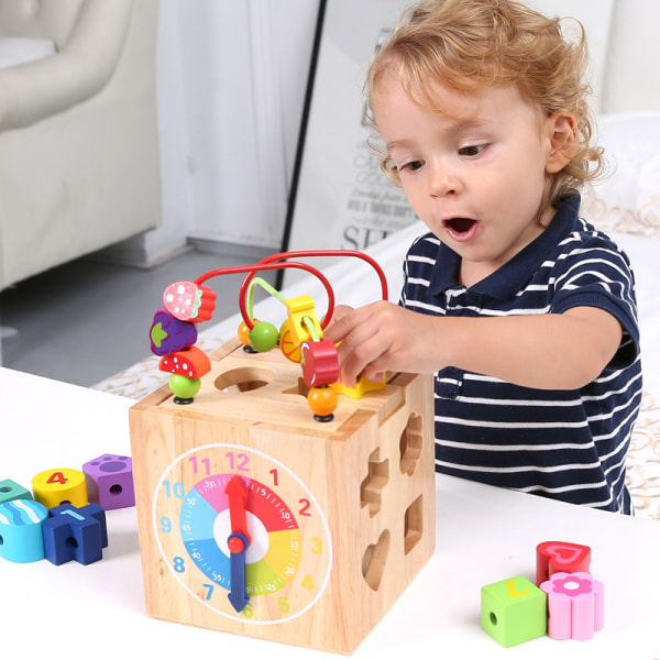 Multifunktionell polyederskattlåda för barn Slingpärlor Pärlor Massivt trä Montessori Early E