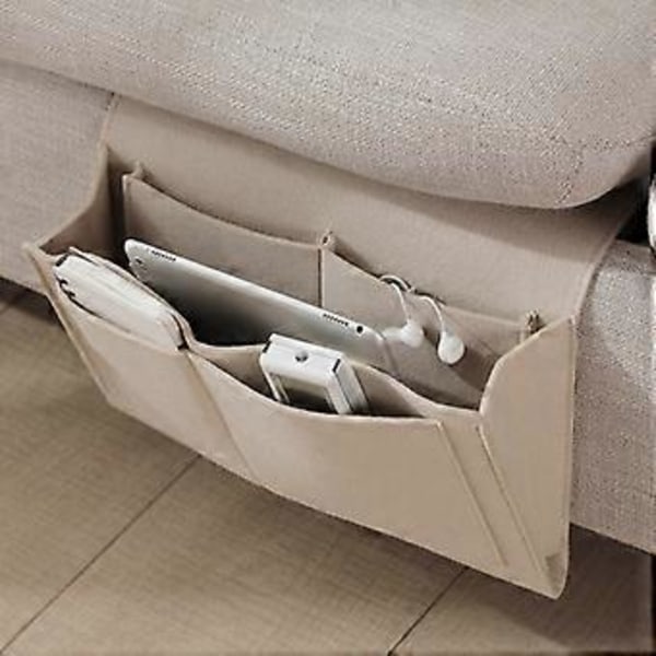 Sängbord Filtförvaringsväska med Fickor Säng Soffa Skrivbord Hängande Organiserare för Telefon Tidningar (Beige)