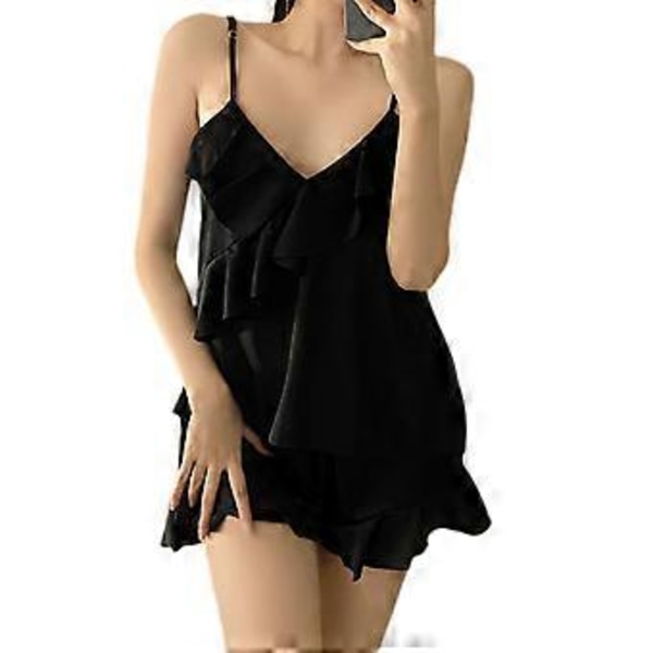 Ærmeløs Natkjole med Åben Ryg, V-Hals, Sexet Nattøj, Ensfarvet, Åndbar Pyjamas, Satin Top Shorts Sæt til Kvinder Sort XL(XL Sort)