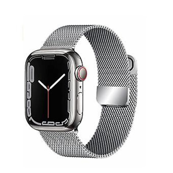 För Apple Watch Series 7, 41mm Silver Stainless Steel Case, Silver Milanese Band, Två Dubbla Magnetiska Milanese Band För Iwatch Armband
