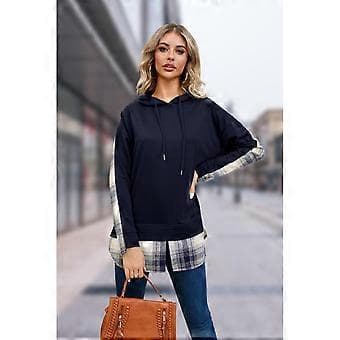 Dame Snøre Pullover Hættetrøjer Casual Langærmet Korte Toppe Plaid Patchwork Sweatshirts Sort M Black M