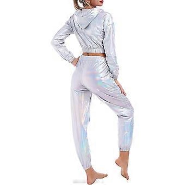 Rave-antrekk for kvinner, skinnende crop top-hettegenser, metallisk fritidsbukse, hettegenser-treningsgenser, discodanse-klubbklær (X-Large Holografisk)