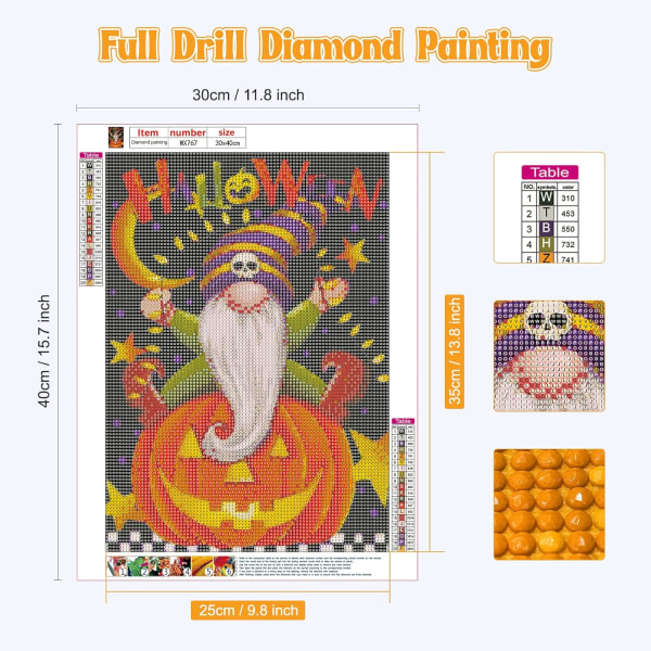 Halloween Diamantmaleri Kit til Voksne, DIY Gnome Diamantmaleri